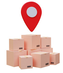 Cargo delivery, logistics and distribution concept. Cardboard boxes with location pointer showing the destination. Online order tracking concept. Webpage, app design. 3d rendering