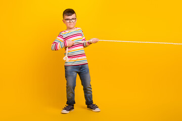 Full body photo of school kid have break free time playing tug war game with friends isolated on vivid color background - obrazy, fototapety, plakaty