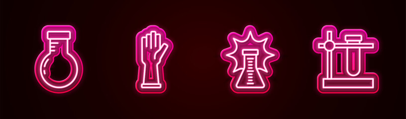 Set line Test tube and flask, Medical rubber gloves, Chemical explosion and stand. Glowing neon icon. Vector