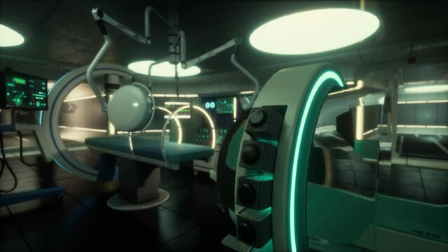 A wide shot of a huge MRI scanner in hospital.