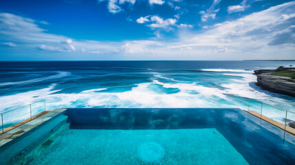 Fototapeta premium A breathtaking image of a lavish oceanfront infinity pool retreat, providing unparalleled views of the vast sea and coastal landscape