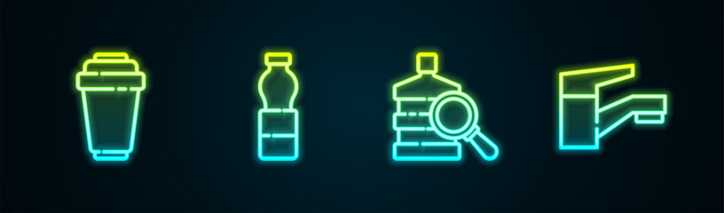 Set line Water filter cartridge, Bottle of water, Big bottle with clean and tap. Glowing neon icon. Vector