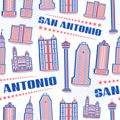 Vector San Antonio Seamless Pattern, repeating background with illustration of red famous city scape on white background for wrapping paper, decorative line art urban poster with blue text san antonio