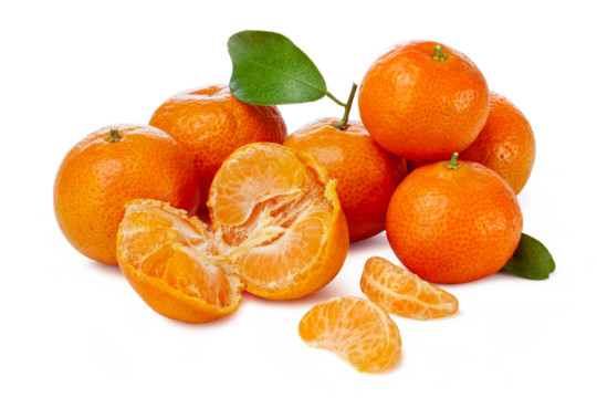 small tangerines or small oranges with leaves on white background.