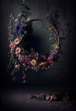 Dark hanging floral halo ring photography backdrop
