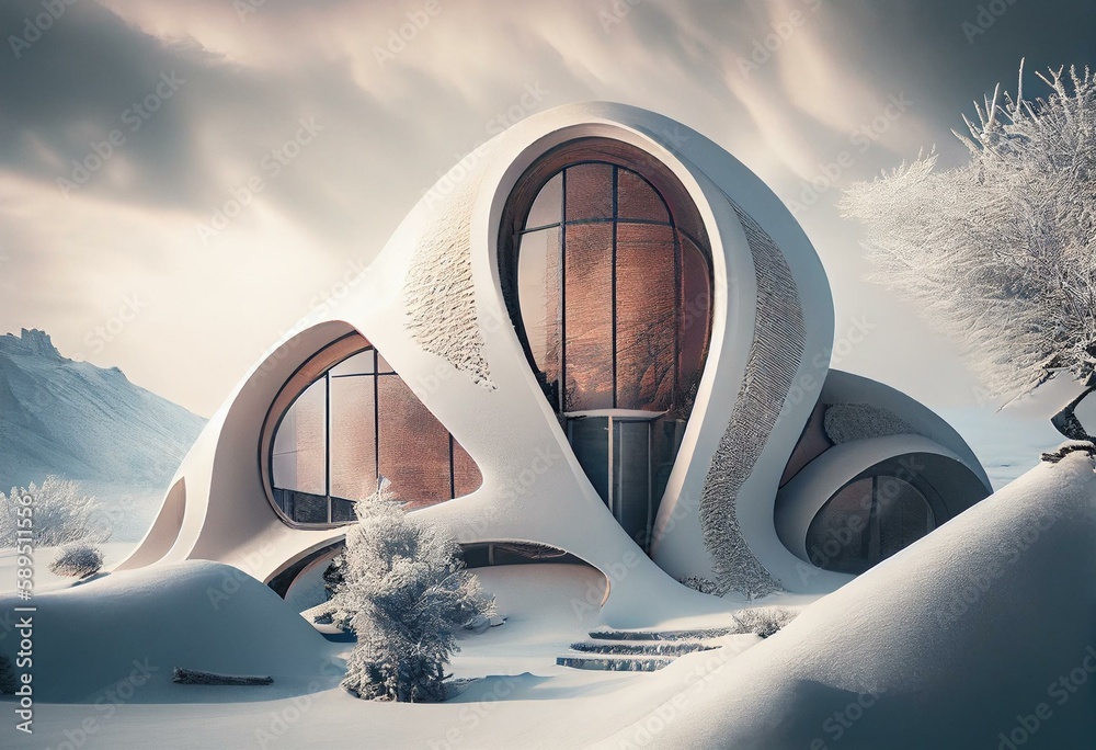 Wall mural modern organic fantasy architecture in a snow winter landscape. generative ai