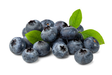 a bunch of blueberries with leaves isolated on white background.