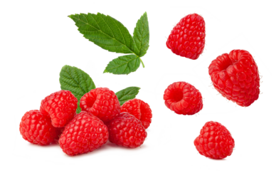 set of raspberry fruits with leaves on white.
