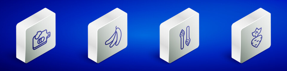 Set Isometric line Cutting board with vegetables, Banana, Asparagus and Turnip icon. Vector