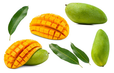 set of ripe green mango with leaves isolated on white background