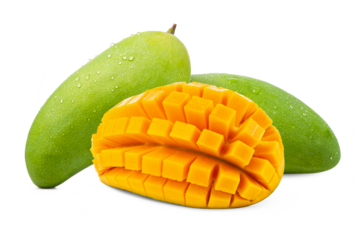 green mango fruit with cut mango cubes isolated on white background