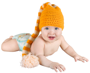 Infant Baby Lying On Tummy Wearing A Knitted Baby Bonnet