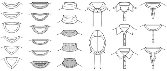 types of t shirt necklines flat sketch vector illustration technical cad drawing template