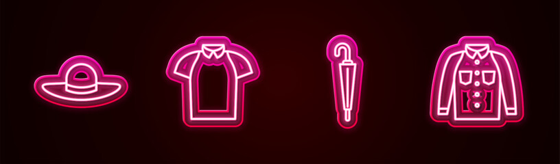 Set line Elegant women hat, Polo shirt, Umbrella and Shirt. Glowing neon icon. Vector