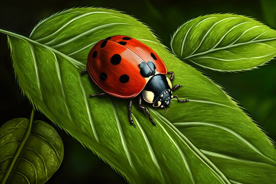Ladybug On Green Plant Leaf In The Garden - Generative AI