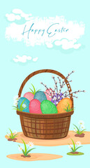 Happy easter. Basket with different painted Easter eggs and flowers. For postcards, banners, flyers. Spring holiday banner