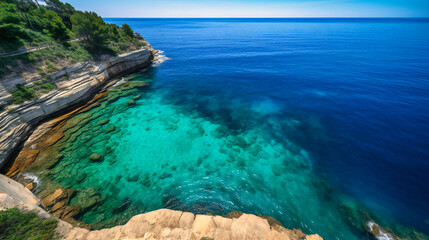 Fototapeta premium An awe-inspiring image of a cliffside infinity pool, merging seamlessly with the horizon for a luxurious and unforgettable experience