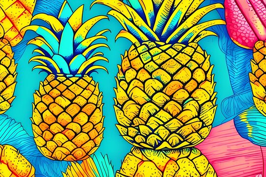 Hand-drawn pineapple fruits illustration and colorful background and texture - generative ai