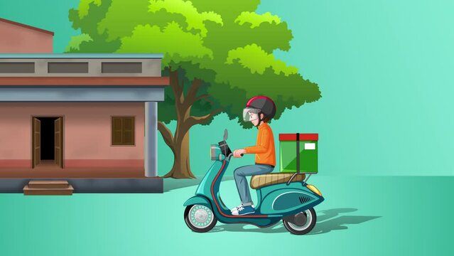 A delivery boy is going to the village to deliver