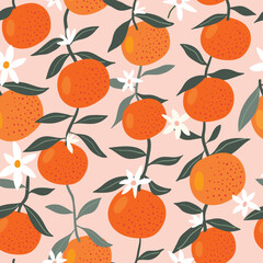 Seamless pattern with oranges and flowers, summer background wallpaper with ripe fruits, vector illustration  