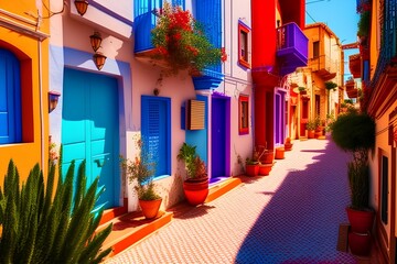 Fototapeta na wymiar holiday island , Beautiful colorful houses and streets , summer holidays - generative ai