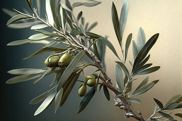 detail shot of green olives on an olive tree. Generative AI