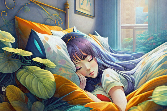 朝寝坊する若い女性｜アニメ・漫画風デジタルイラスト｜Generative AI
