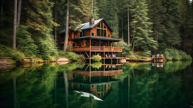 A stunning image of a luxurious lakeside cabin, offering an idyllic and exclusive sanctuary for a perfect summer getaway