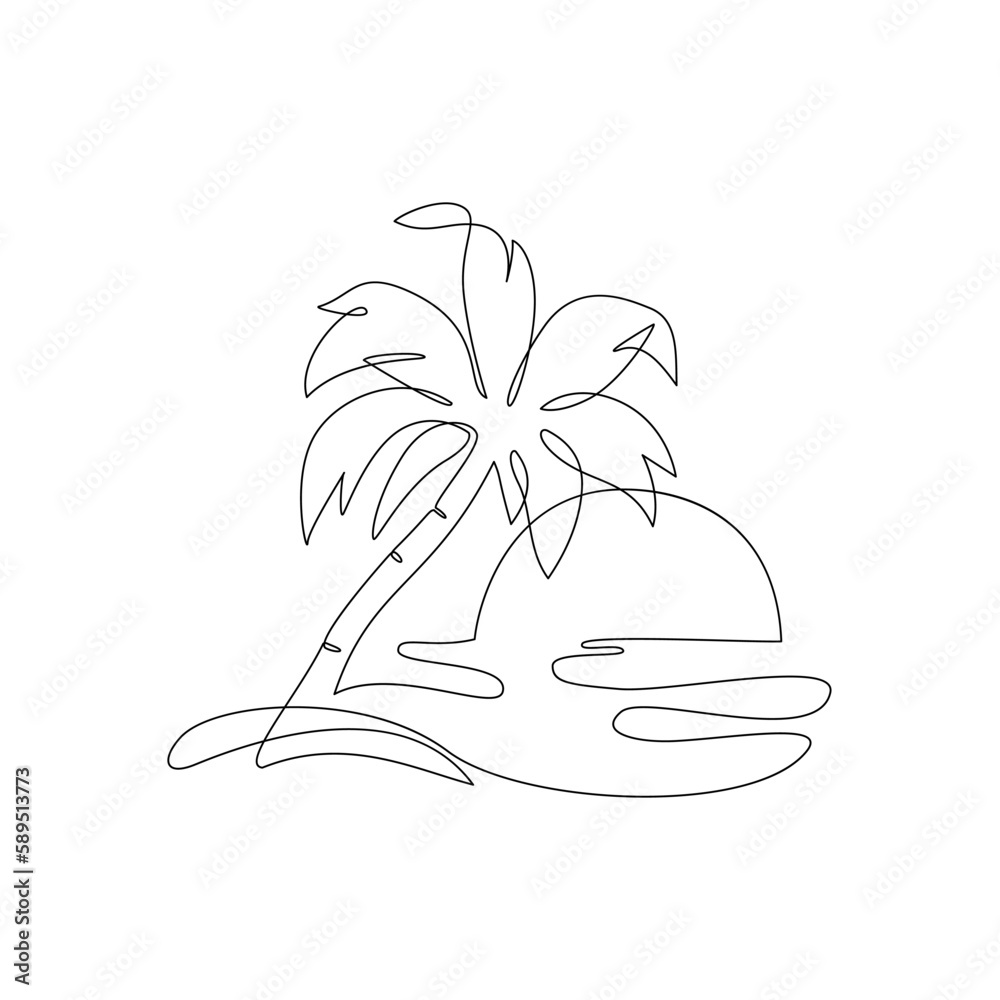 Canvas Prints Oasis island line drawing with coconut palm tree, sunset or sunrise