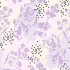 Flowers silhouettes and rough grunge shapes seamless pattern.