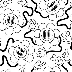 Abstract smiling flower face seamless pattern in 70s hippie style.