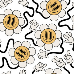 Abstract smiling flower face seamless pattern in 70s hippie style.