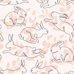 Abstract rabbit line art on floral background. Symbol of Chinese New Year zodiac.