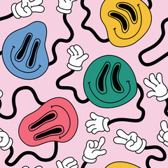 Abstract smiling face seamless pattern in 70s hippie style. Funny melting smiling happy characters background
