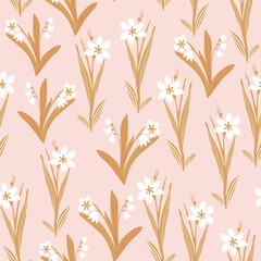 Abstract floral graphic seamless pattern. Meadow flowers silhouettes background in golden colors