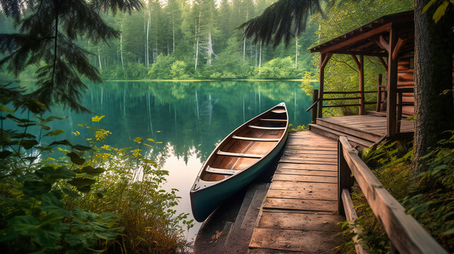 An alluring image of a wooden canoe docked near a luxurious lakeside cabin, inviting guests to embark on a serene and exclusive adventure