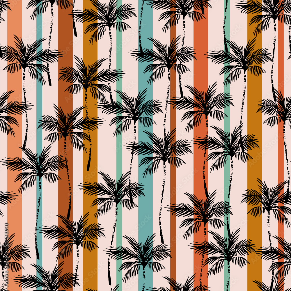 Wall mural Abstract coconut palm trees on striped background. Seamless tropical pattern. - Wall murals