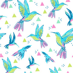 Tropical birds on abstract geometric shapes doodles background