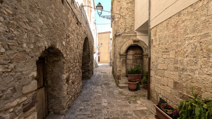 Fototapeta na wymiar A narrow street among the old houses of Civitacampomarano, a historic town in the state of Molise in Italy.