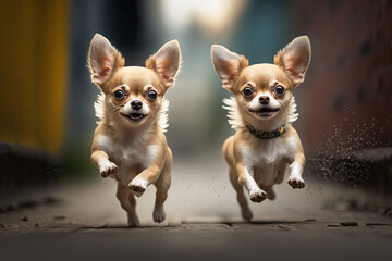 two chihuahua dogs are running on a street. Generative AI
