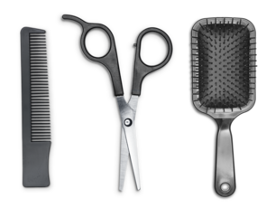 Hair cutting shears, hairbrush and comb isolated