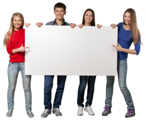 Group of students with blank sign isolated over a white background