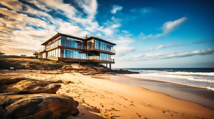 A striking image of a luxurious beach house rental, displaying modern design and breathtaking ocean views