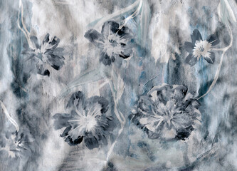 Sumi-e Japanese ink drawing, flower, pattern background, textiel 