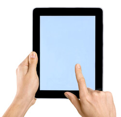 Man holding   digital tablet on background