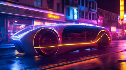 Obraz na płótnie Canvas A futuristic electric cargo transport glides silently through the streets of a bustling city at night, its neon-lit exterior shining bright amidst the shadows