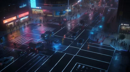 Foto op Canvas Revolutionizing Future Cities: AI-Powered Pedestrian Crossings & Traffic Analysis with HUID & ChatGPT-generated Data amidst Neon Glowing WMX, Generative ai © Vipers