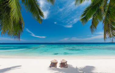 Wooden lounge chairs on a beautiful tropical beach, The Maldives, Indian Ocean