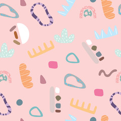 Seamless children's aesthetic pattern with hand-drawn abstract shapes. Creative Scandinavian children's fabric, wrapping texture, textiles, wallpapers, home clothes. Vector illustration.