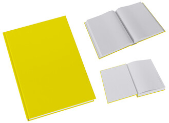 Set of three book mockups in blank, yellow gloss, hardcovers. Closed, opened on first page and the middle. Image without background.